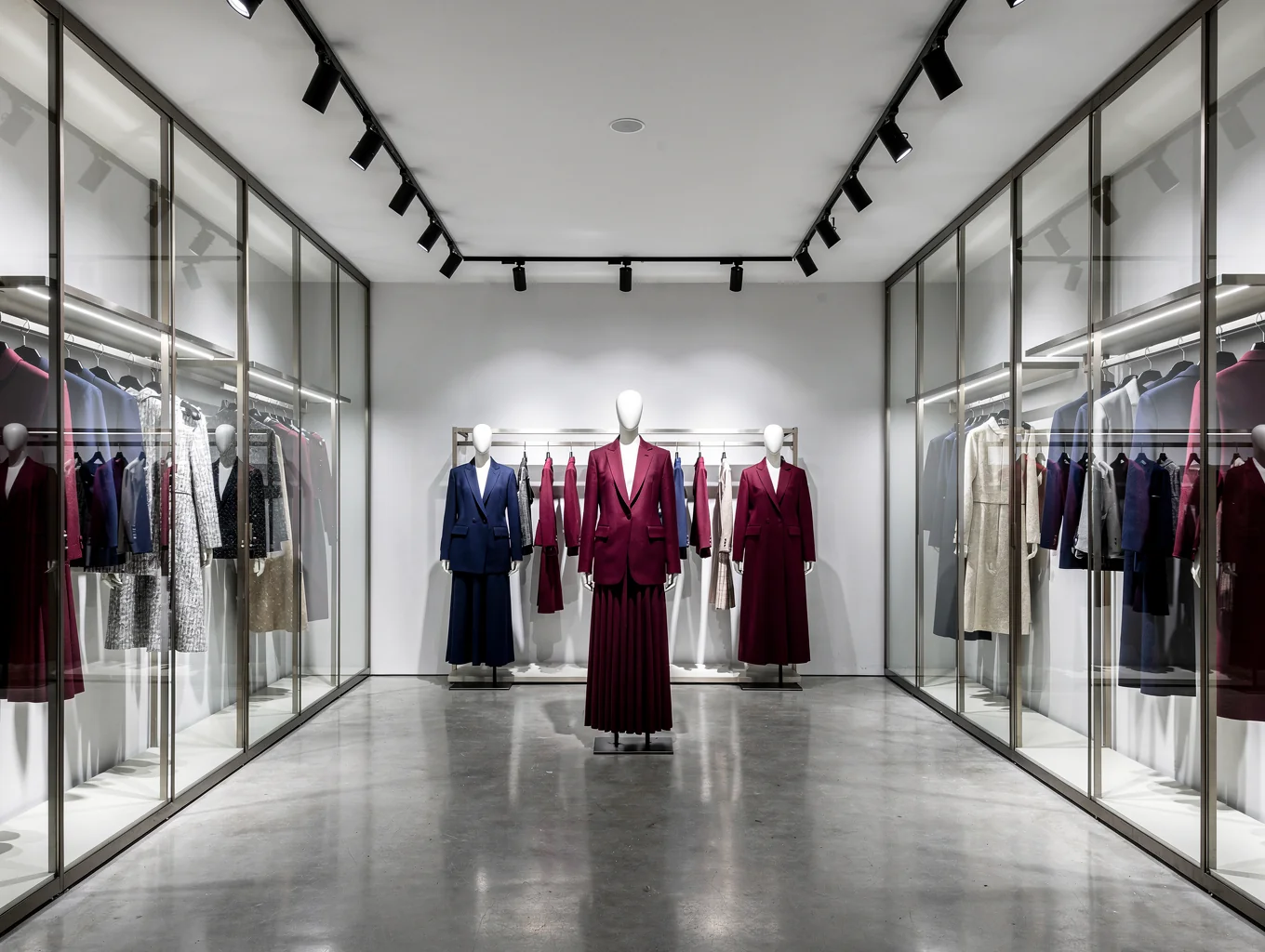 Interior de loja de moda moderna com araras e mostruário organizado