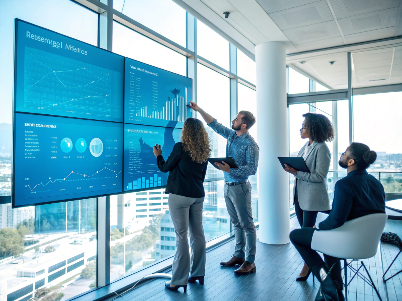 Profissionais analisando dashboards de gestão ERP em ambiente de varejo moderno